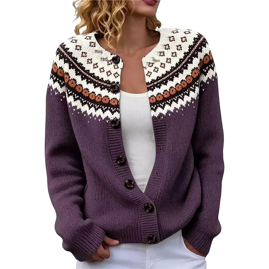 Fair Isle Color Block Single-Breasted Cardigan - Women's Autumn/Winter Knitwear