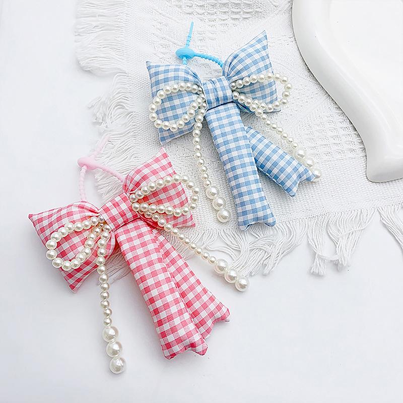 Trendy Checkered Bowknot Pearl Keychain Pendant Sweet Bow Keyring For Women Girls Fashion Backpack Hanging Decoration Gifts