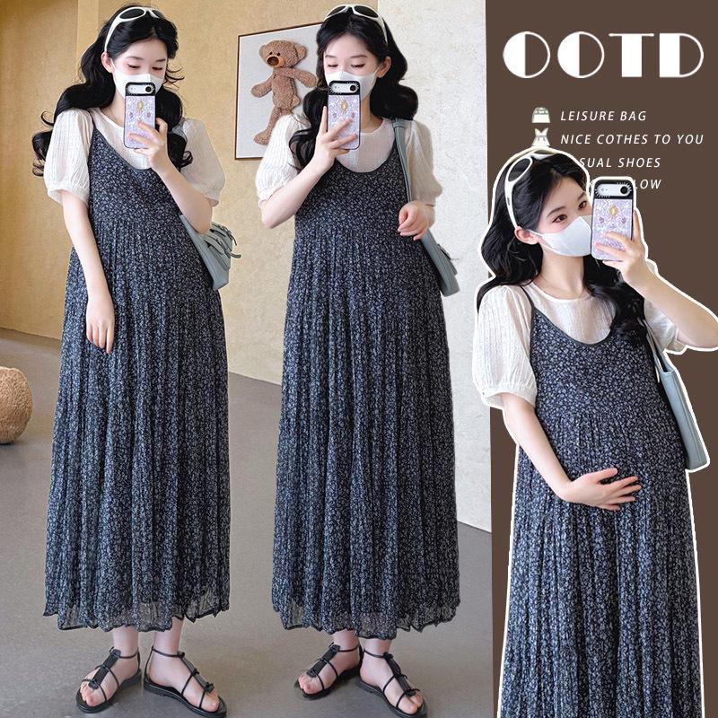 Floral Print Maternity Two-Piece Summer Dress with Short Sleeve Top and Mid-Length Sling Dress M