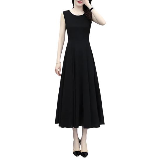 Women Sleeveless Midi Dress Summer Crew Neck Flowy Long Dress Beach Casual Pleated Swing Tank Dress
