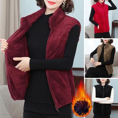 Frauen Herbst Winter Einfarbig Plüsch Weste Stehkragen Ärmel Taschen Zipper Knopfleiste Verdickt Doppel Seiten Fleece Weste Mantel
