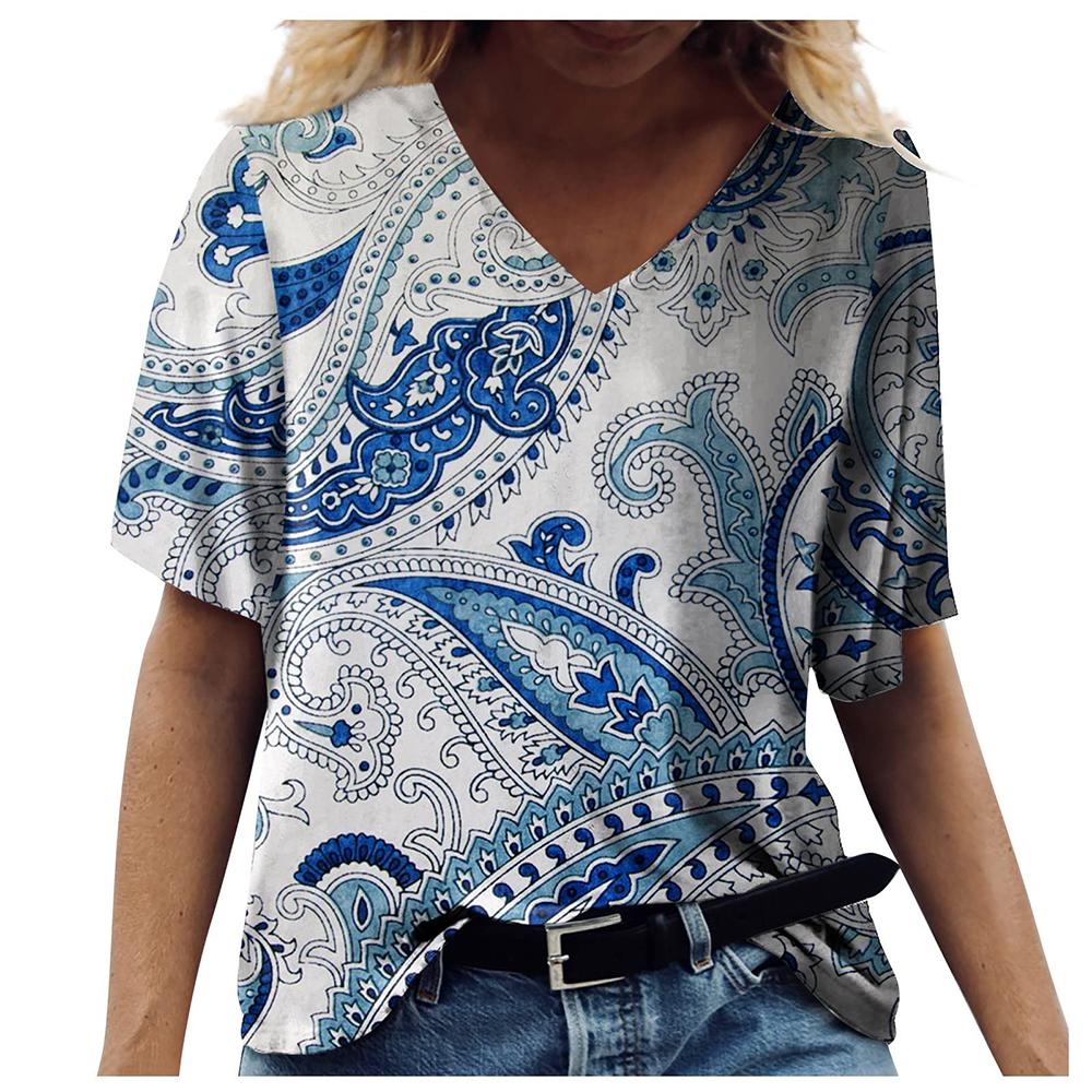 Ny fransk dame V-hals Kontrast Fritid V-krage T-skjorte med blomstertrykk 2023 Vår Sommer Slim Fit Kortermet T-skjorte for kvinner