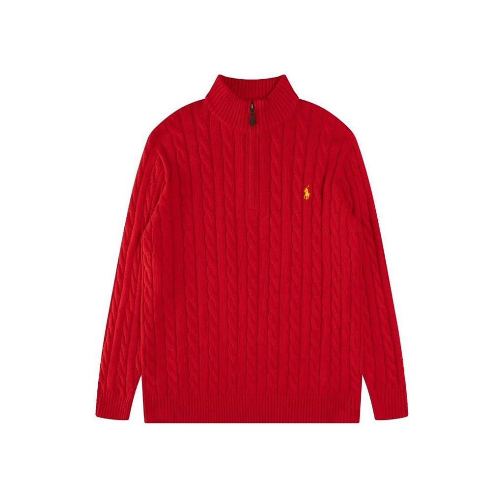 Herren Zopfmuster Pullover mit halbem Reißverschluss und gesticktem RL Pony Logo