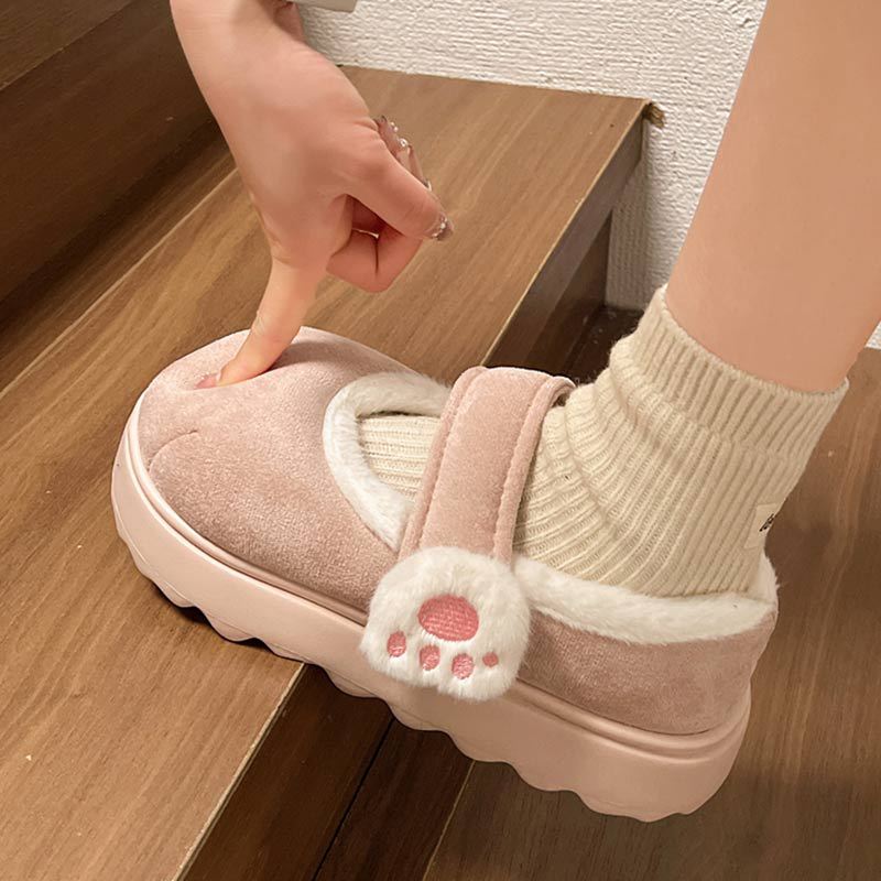 Cute Cat Paw Cotton Snow Boots Shoes With Winter Velvet Thick Sole Indoor Outdoor Shoes ForWarm Round Toe Ankle Boots