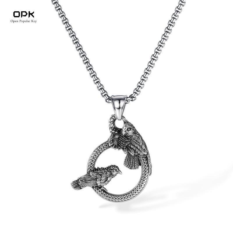 Vintage Necklace Men's Stainless Steel Hollow Ring Double Crow Hip-hop Punk Style Titanium