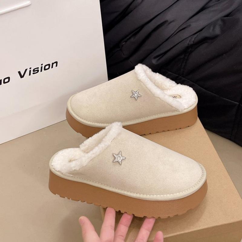 Fashion Women's Fashion Baotou Slippers Winter New Round Head Suede Deep Mouth Thick Sole Anti-slip Wear-resistant Flat Cotton Shoes