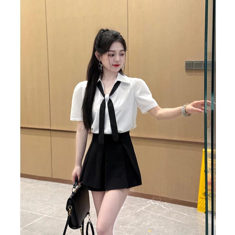 

Korean-Style V-Neck Puff Sleeve White Tie Shirt & Skirt Set for Women – Loose, Stylish, Versatile Short Sleeve Two-Piece. S [Recommended for 80-95 jin]