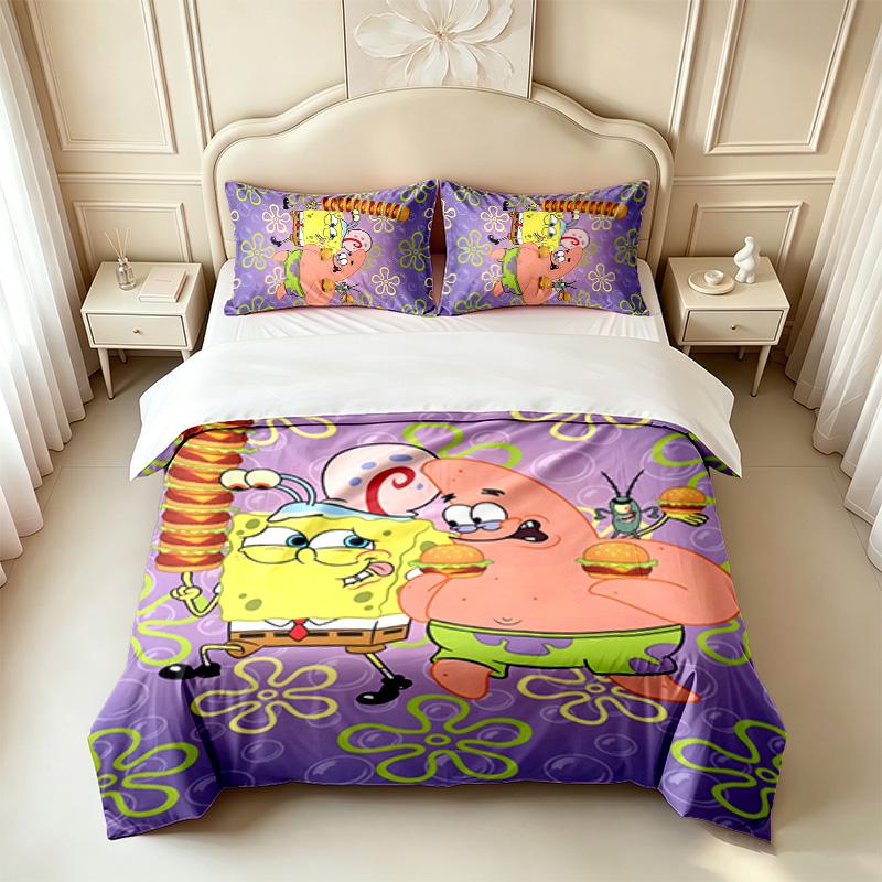 Spongebob Schwammkopf (1) 3-teiliges Set, weich und bequem, ein ideales Geschenk für Familie und Freunde. Enthält einen Bettbezug und zwei Kissenbezüge.