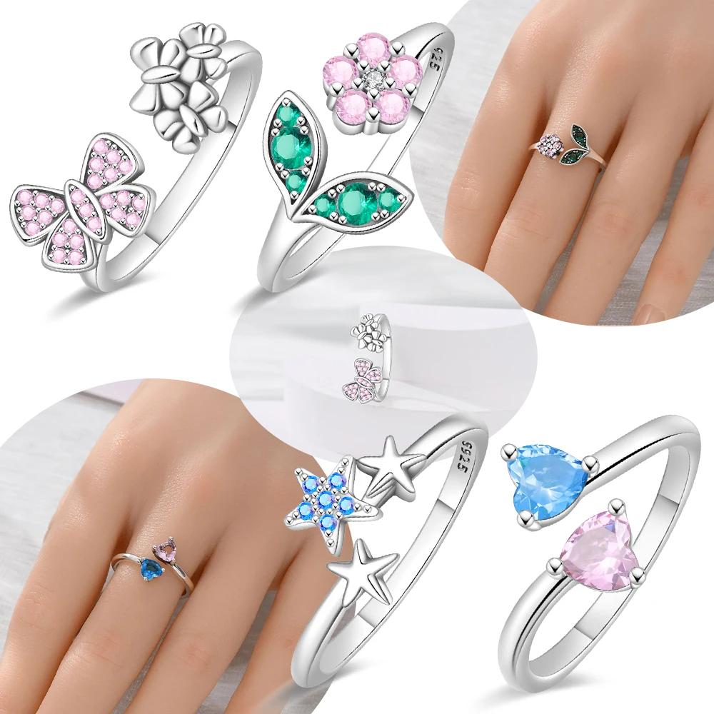 Exquisite Original Copper Open Flower Butterfly Leaf Ring Women Blue Zirconia Star Heart Ring Jewelry Accessory Fine Gifts