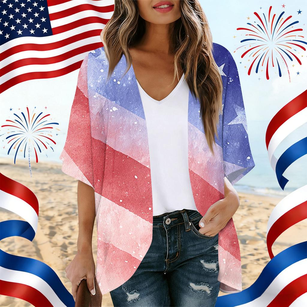 Women's Independence Day Print Cardigan, Loose-Fit Tunic, Casual Shirt