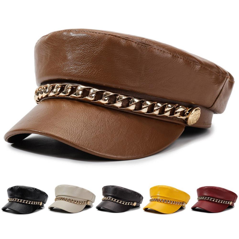 Metal Chain Decor Newsboy Cap PU Leather Flat Top Cap Stylish Baker Boy Cap For Women