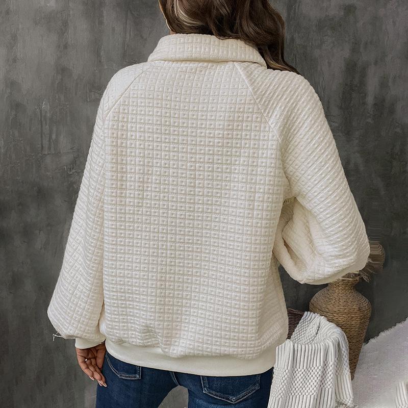 Baifen Zhiyi 2025 Autumn/Winter Women's Casual Solid Color Textured Thick Hoodie with Lapel