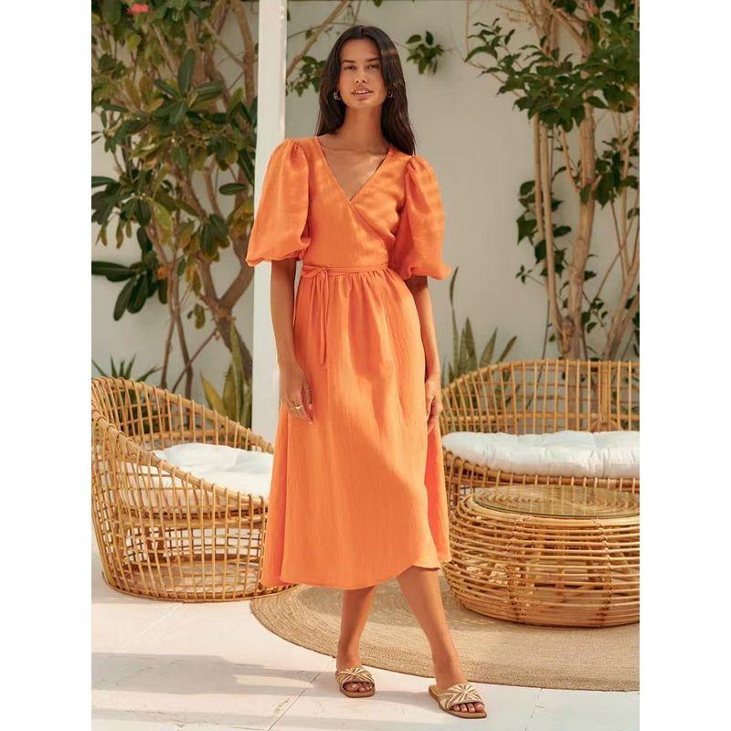 

Western Style Fashion Casual Lace-up V-neck Puff sleeve Dress V-Neck Bubble Sleeve Dress Orange M