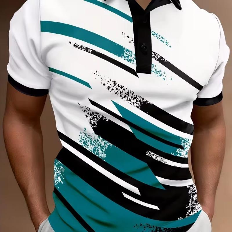Fashion Men'S Polo Shirt 3D Geometric Stripe Pattern Summer Short Sleeve TShirts Casual Daily Lapel Tops Tees Striped T Shirt Man Clothing