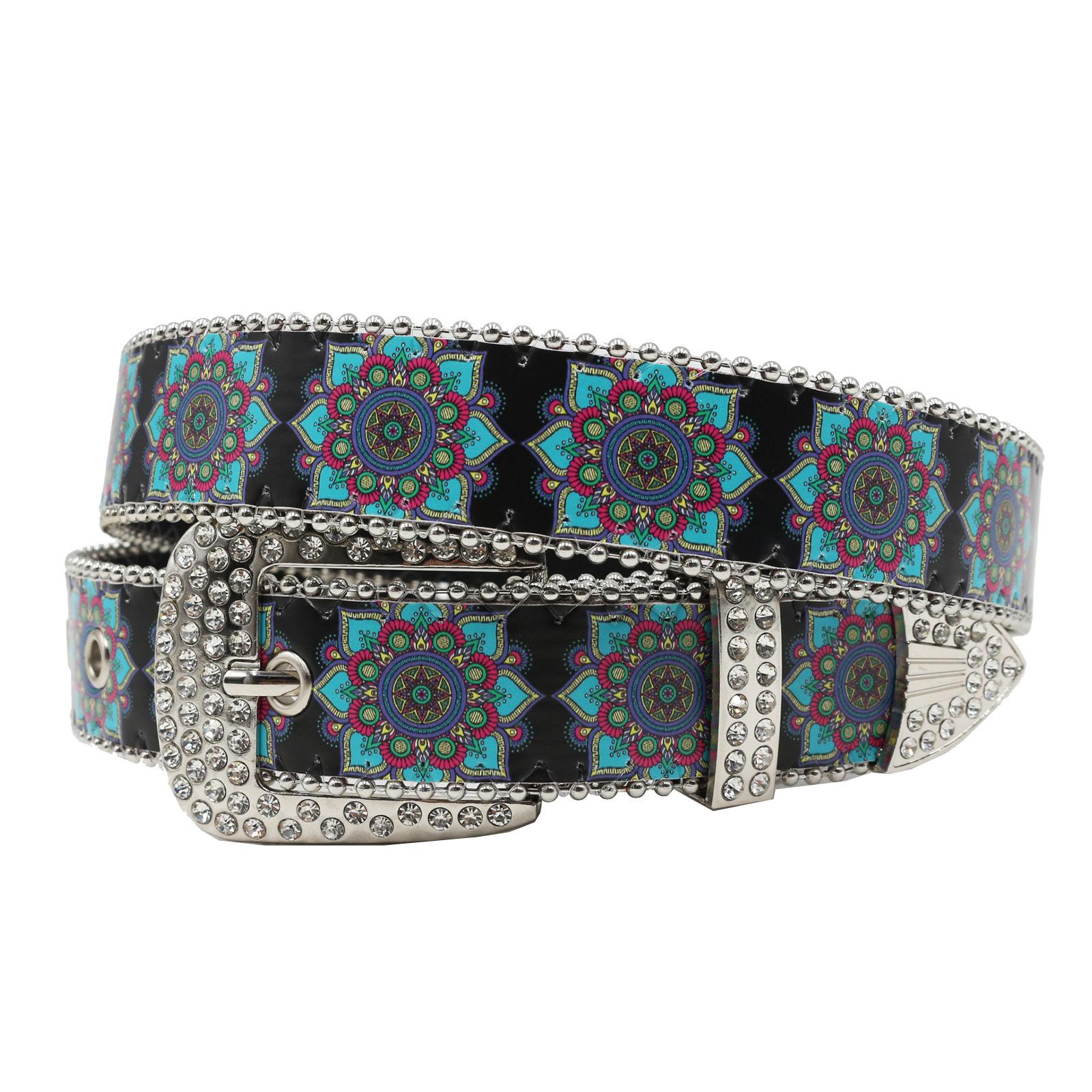 

Дизайн Ремень со стразами Мандала Этнический стиль Принт Нишевый модный ремень Панк стиль Тренд 115cm