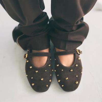 Round Toe Rivets Women Mary Jane Shoes Brown Faux Suede Metal Belt Non-slip Soft Sole Retron Design Spring Ladies Flats