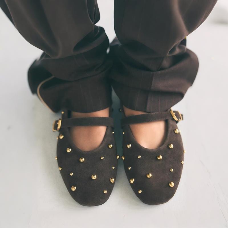 Round Toe Rivets Women Mary Jane Shoes Brown Faux Suede Metal Belt Non-slip Soft Sole Retron Design  Spring Ladies Flats