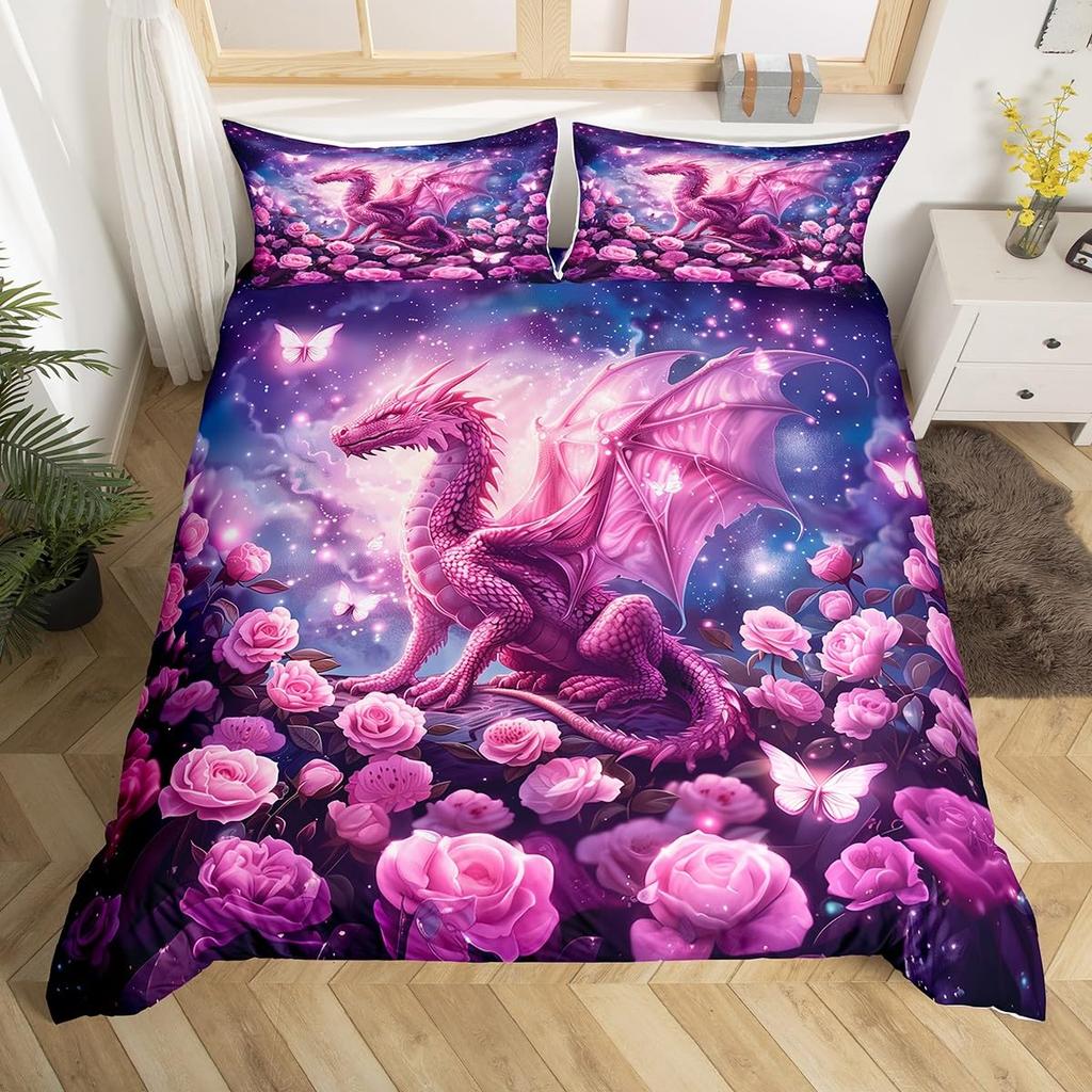 Galaxy Dragon Duvet Cover Sets For Kids Boys Girls Queen Lightweight Quilt Covers Starry Sky Jungle Animals Dragon Bedding Set