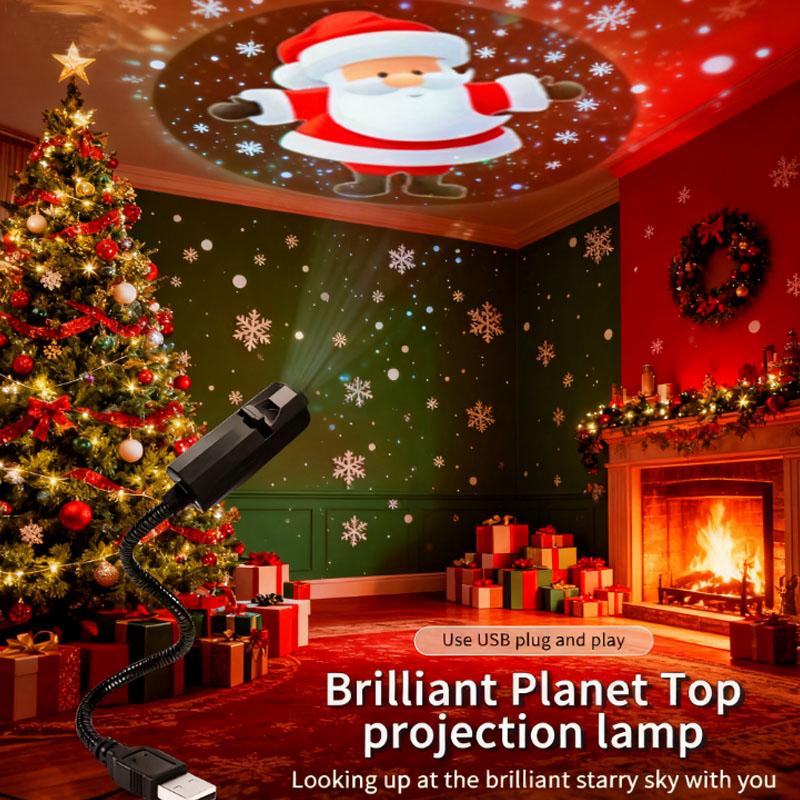 Christmas Deer Snowflake Switchable Pattern Projection Lamp USB Ambiance Night Light 360° Rotate for ChristmasGift Ceiling Decor