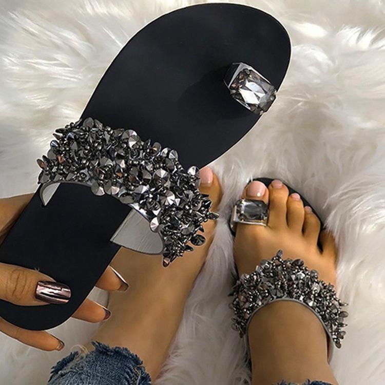 2025 Summer New Set of Toe Sequined Sandals Women's Casual Large Size Foreign Trade Rhinestone Slippers Women