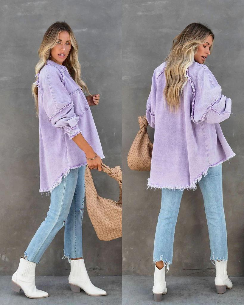 2025 Autumn Women's Long-Sleeve Washed Denim Jacket with Raw Edges