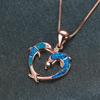 Boho Fashion Two Dolphins Heart Shaped Pendant Necklace for Women Girl Inlay Imitation Blue Opal Necklace Wedding Party Jewelry