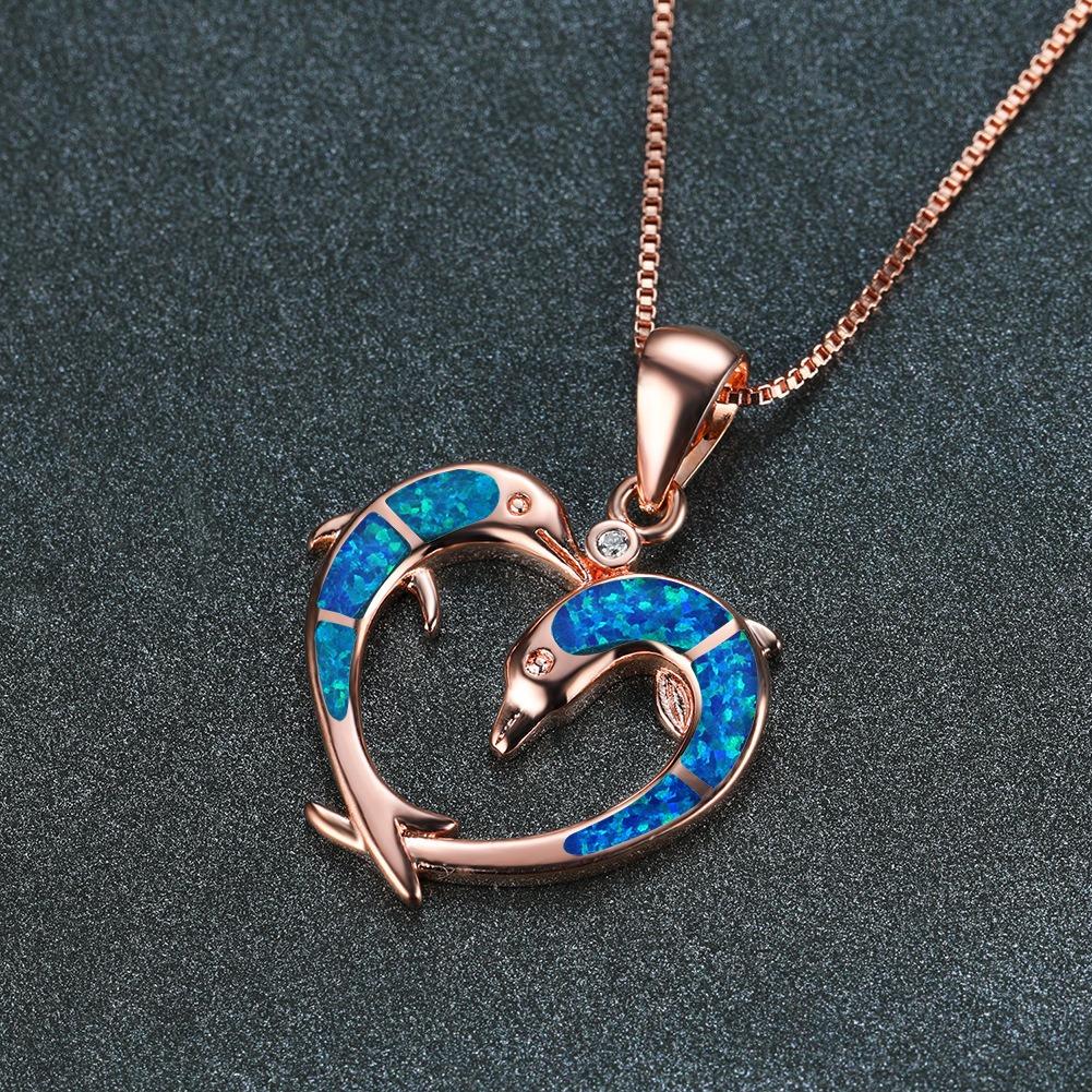 Boho Fashion Two Dolphins Heart Shaped Pendant Necklace for Women Girl Inlay Imitation Blue Opal Necklace Wedding Party Jewelry