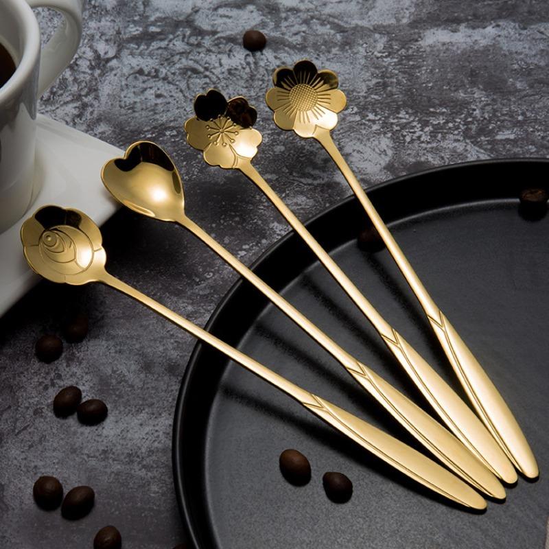 8/4PCS Stainless Steel Cherry Rose Flower Gold Scoop Coffee Spoon Gifts Kitchen Dessert Tea Accessories Tableware Decoration
