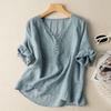 Women Cotton Linen Blouse V‑Neck Embroidery Half Sleeve Loose Casual Summer Shirt M‑2XL