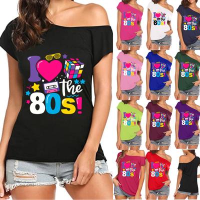 Women's  Summer Casual Fashion Print (I Love The 80's) Sexy  Inclined-neck Off-Shoulder Short-sleeve Loose T-shirt Top