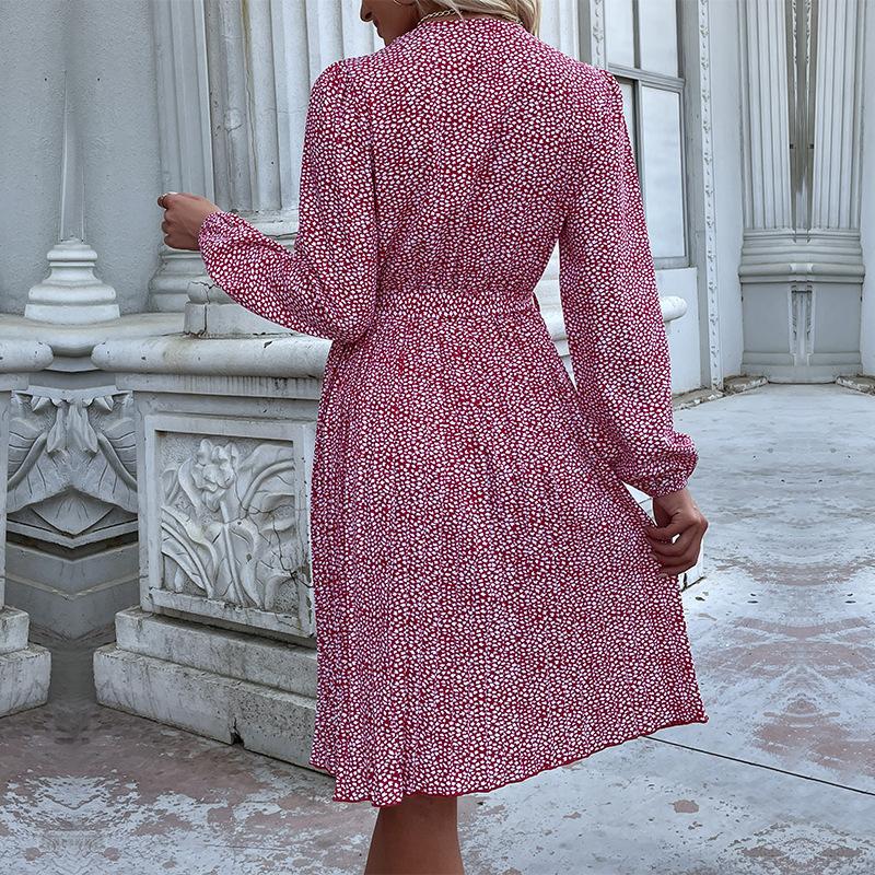 Jarní a podzimní dámské šaty Móda plisované červené šaty s dlouhým rukávem