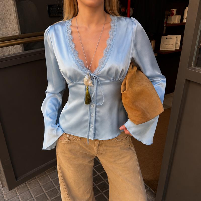Women Elegant Satin Blouse Lace V Neck Flare Sleeve Silk Shirt Casual Solid Color Tie Front Top Vintage Office Ladies Blouse Party Clubwear