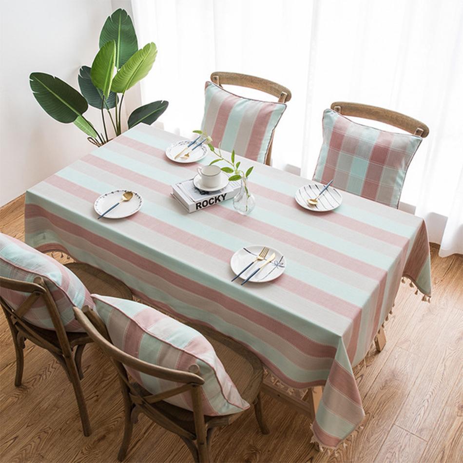 Cotton Linen Tablecloth,Multiple Color Stripe Tassels Rectangle Dust-Proof Table Cover,For Dinning Party Tea Table  Decoration