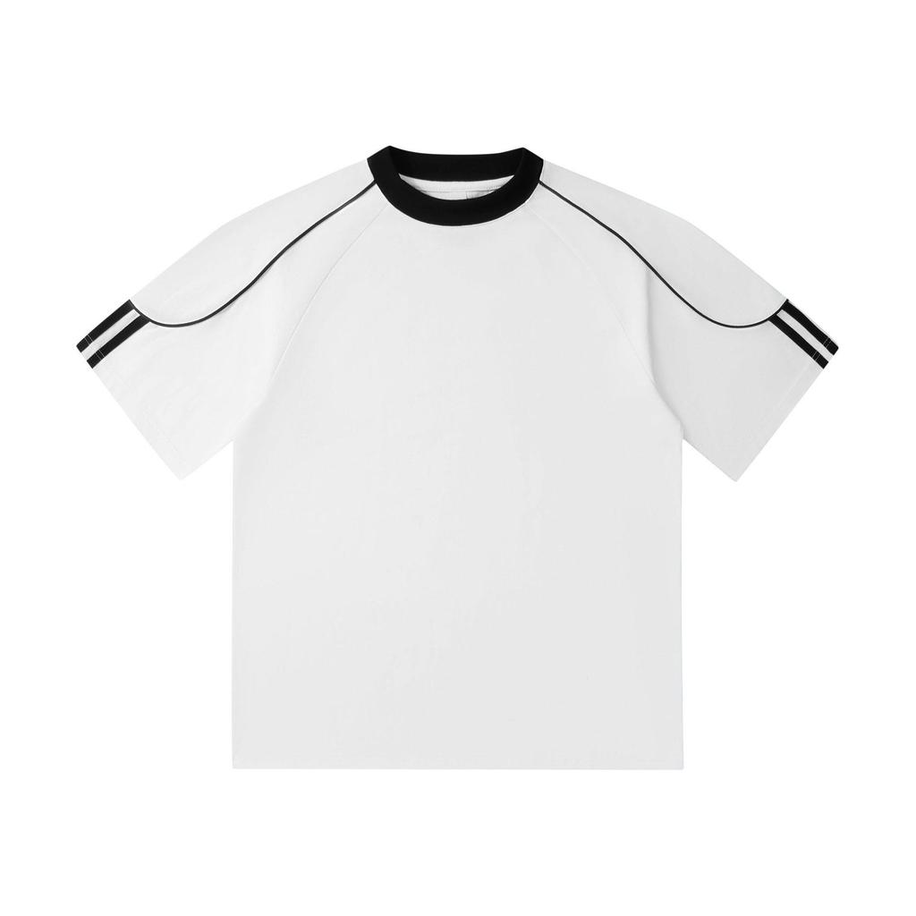 Unisex Color-Block Braided Cord Pull Tab Drop-Shoulder T-Shirt with Round Neck