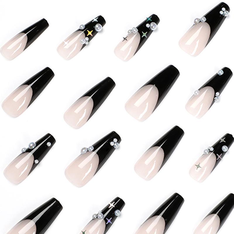 Punte Unghie Finte French Wearable Perla Nera Lunghe – Adesivi Rimovibili per Unghie Finte