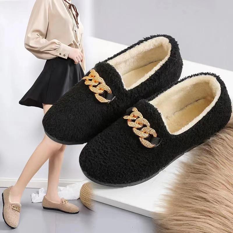 New Winter Velvet Beanie Shoes Women's Soft-soled Mother Shoes Casual Versatile Fluffy Shoes Women's Indoor Non-slip Cotton Slippers