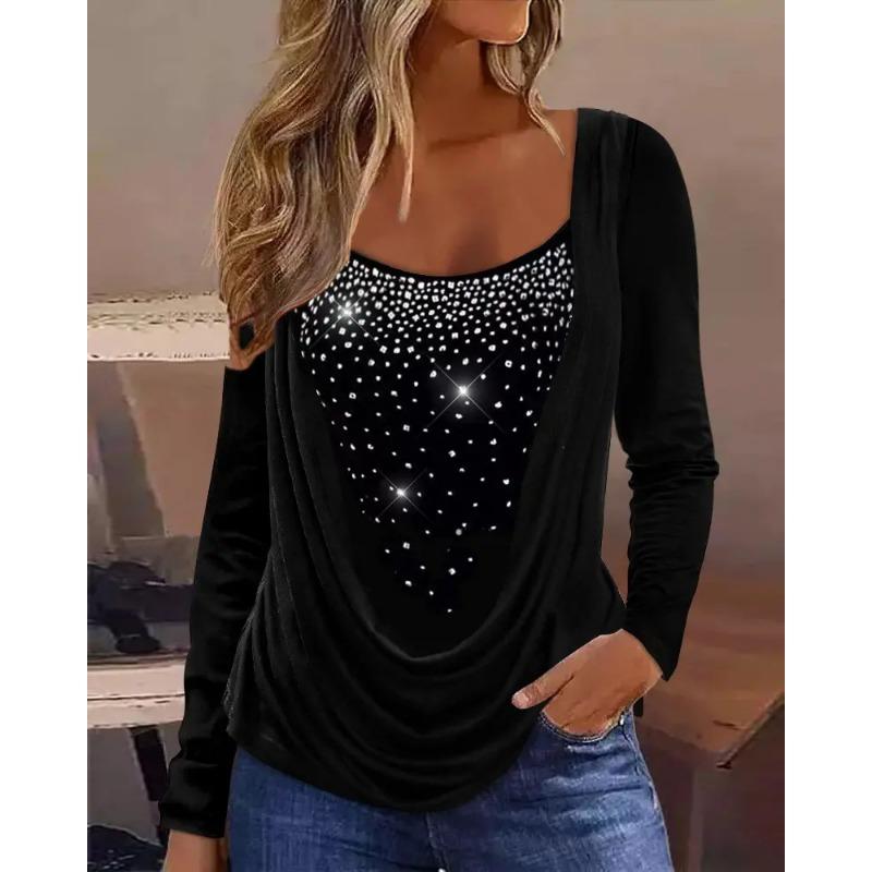 Women's 2025 New Ladies Casual Pullover Diamond Long Sleeve Fake Two-piece Top