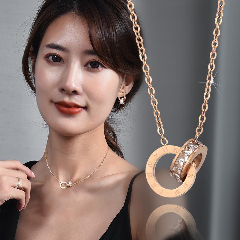 Korean Contemporary Style Titanium Steel Necklace With Elegant Dual Rings And Radiant Rhinestone Earrings For Everyday Wear