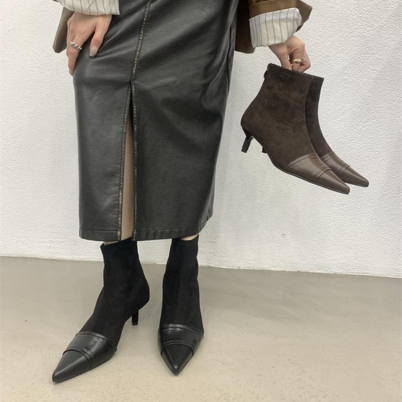 High Heeled Booties Women Autumn Winter New Pointed Toe Spliced Rear Zipper Slim Heel Stretch Skinny Single Boots