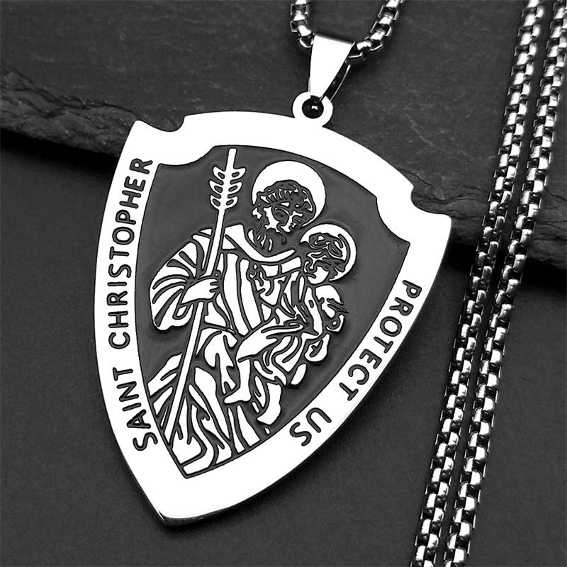 

SAINT CHRISTOPHER PROTECT US Pendant Necklace For Women Men Stainless Steel Silver Color Shield Amulet Lucky Chain Jewelry Gifts