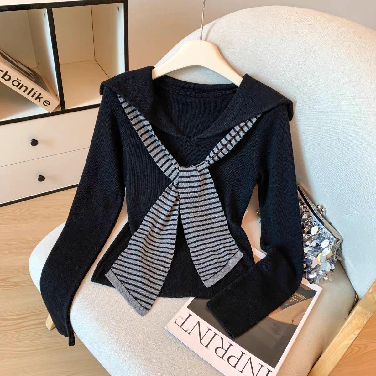 

Women s Navy Collar Striped Knit Sweater - Slim-Fit Two-Piece Look for Spring/Fall XLarge чорний