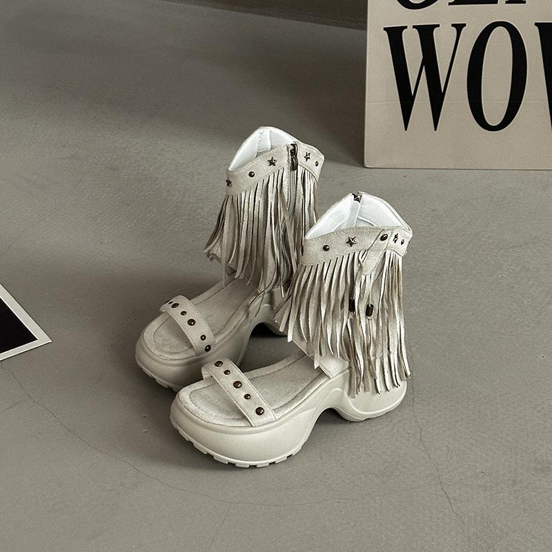 Fashion Women Platform Sandals Trend Roman Wedge Sandals Lady Cutout Booties Straw Stud Zipper Tassel Open Toe Cool Boots Sandalias Muje
