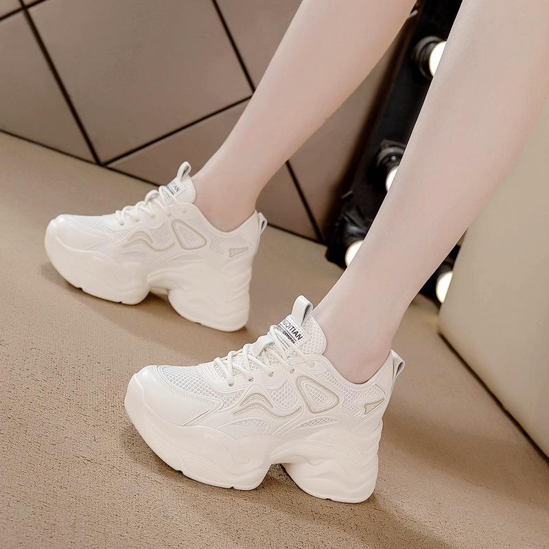 Fashion 9cm Height Increasing Shoes Women Summer Air Mesh Breathable Wedges Chunky Platform Hidden Heel Casual Sneakers Ladies