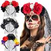 Day Of The Dead Headpiece Comfortable Skull Rose Headband Cosplay Crown Exaggerated Black Veil Floral Hair Band For Cosplay