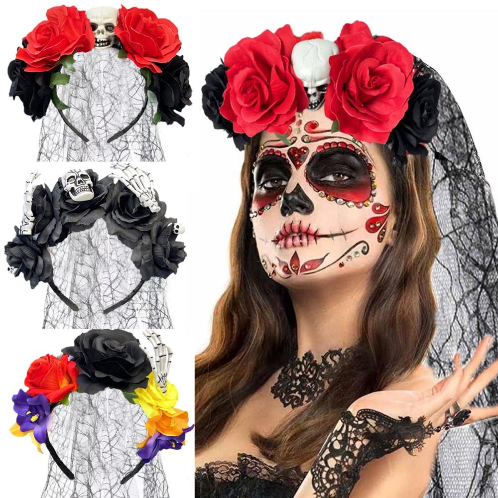 Day Of The Dead Headpiece Comfortable Skull Rose Headband Cosplay Crown Exaggerated Black Veil Floral Hair Band For Cosplay