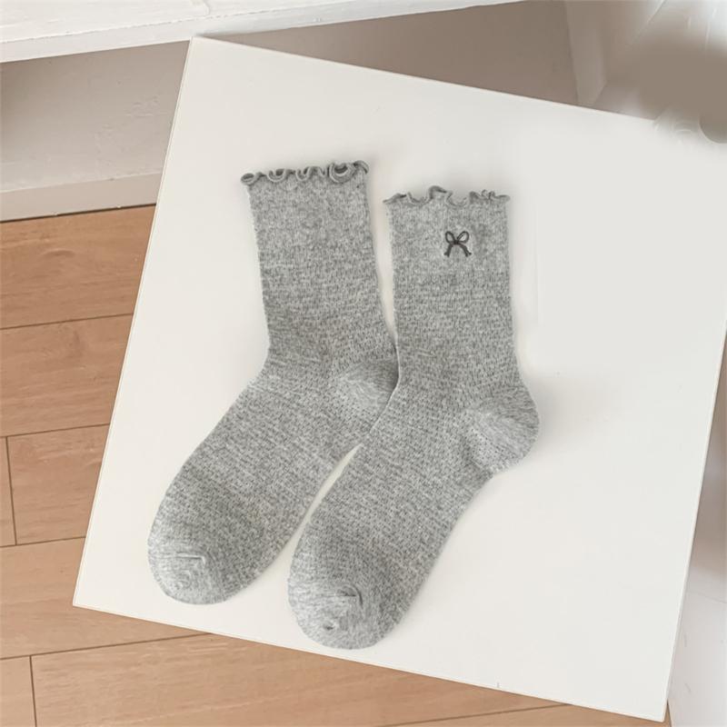 Elegant Embroidered Bowknot Mesh Middle Calf Socks Comfortable Stretch Cotton Solid Ruffle Frilly Ankle Socks for Women