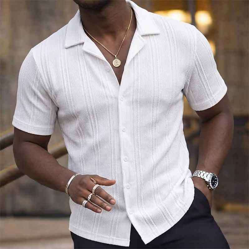 Mens Textured Vertical Stripe Cuban Collar Short Sleeve Button Up Shirt S