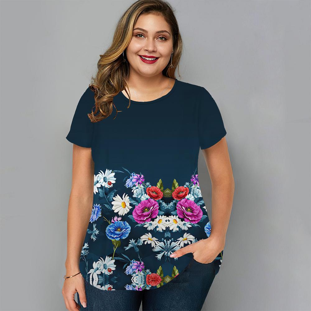 Summer Round Neck Floral Graphic 3D Print Top Fashionable Casual Short Sleeved Plus Size Women's T-shirts