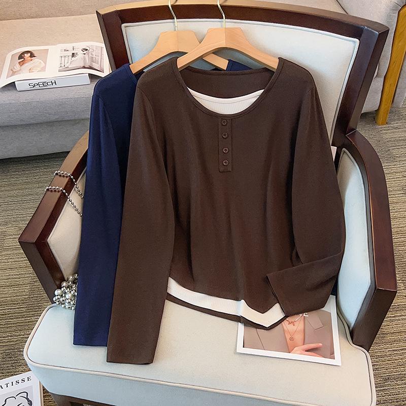 

2025 Autumn Versatile Slimming Plus Size Color Block Spliced Two-Piece Top 8XL (230-260 jin) темно-синий