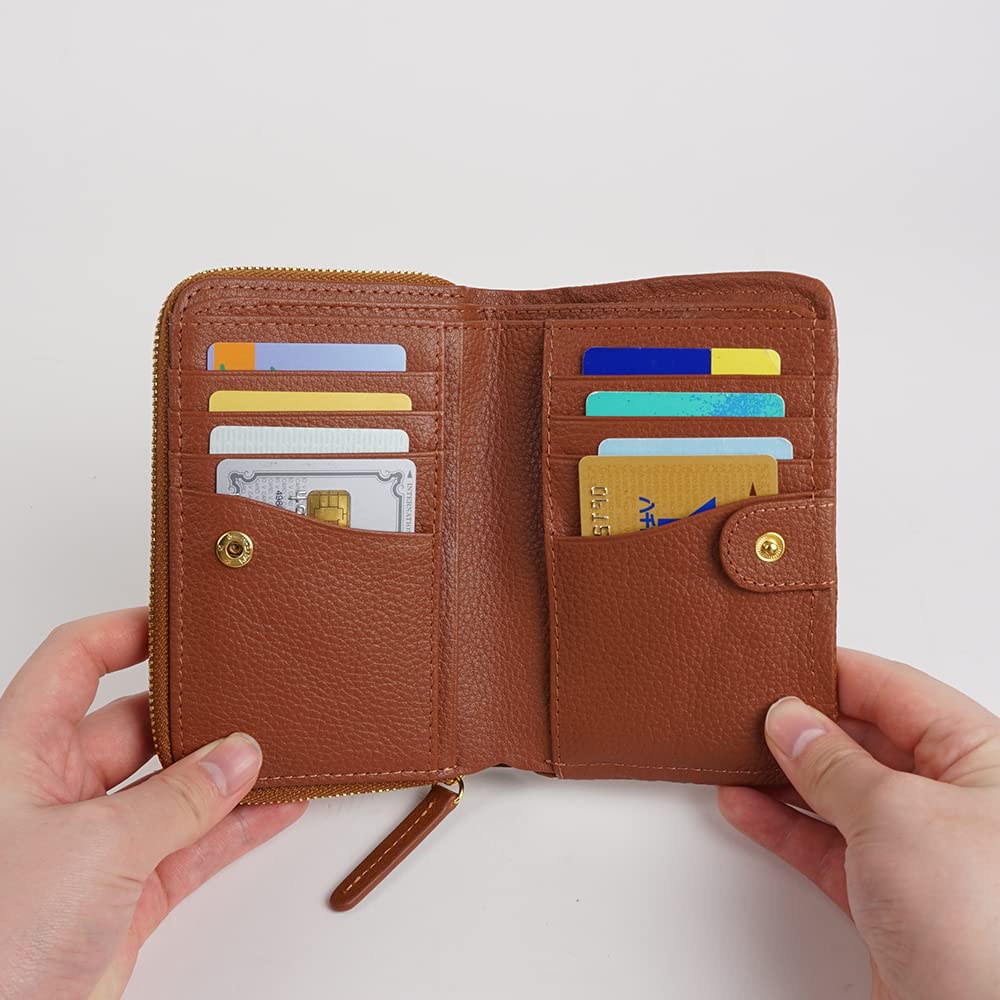 Les.conni Women's Genuine Leather Bifold Wallet with Zip-Around Design, Cowhide Leather, Camel